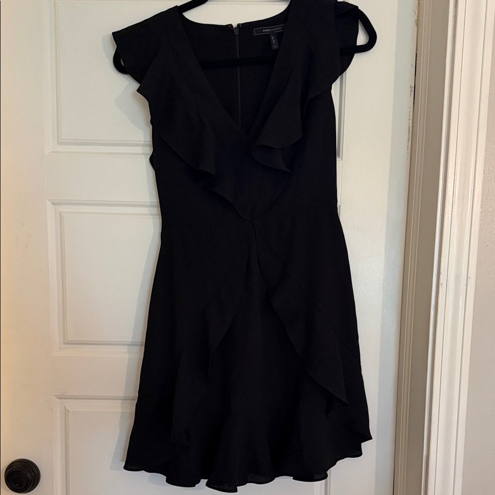 BCBGMaxAzria Black Ruffle V-Neck Mini Dress